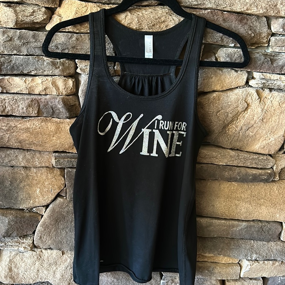 I Run for Wine black tank top with silver sparkle. size small